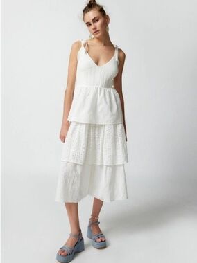 NWT En Saison Croix Eyelet Midi Tiered White Dress with Tie Straps XS